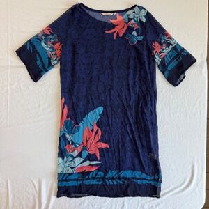 Soft Surroundings Floral Print Dress Blue Coral Medium‎ Sheer Overlay